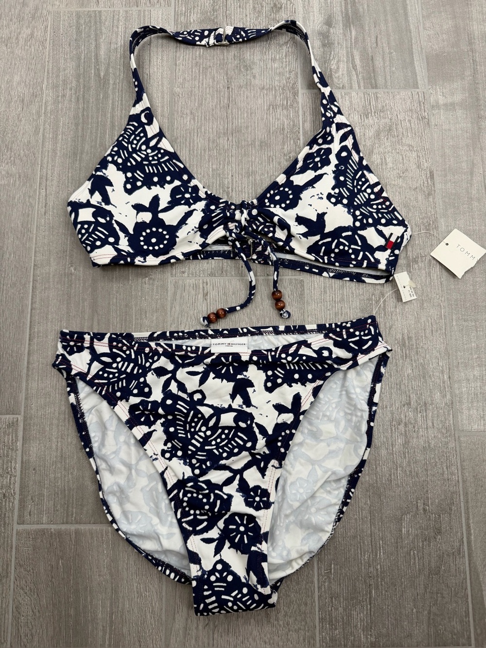 NWT Tommy Hilfiger bikini floral butterfly print wooden beads Top 10 Bottoms 12